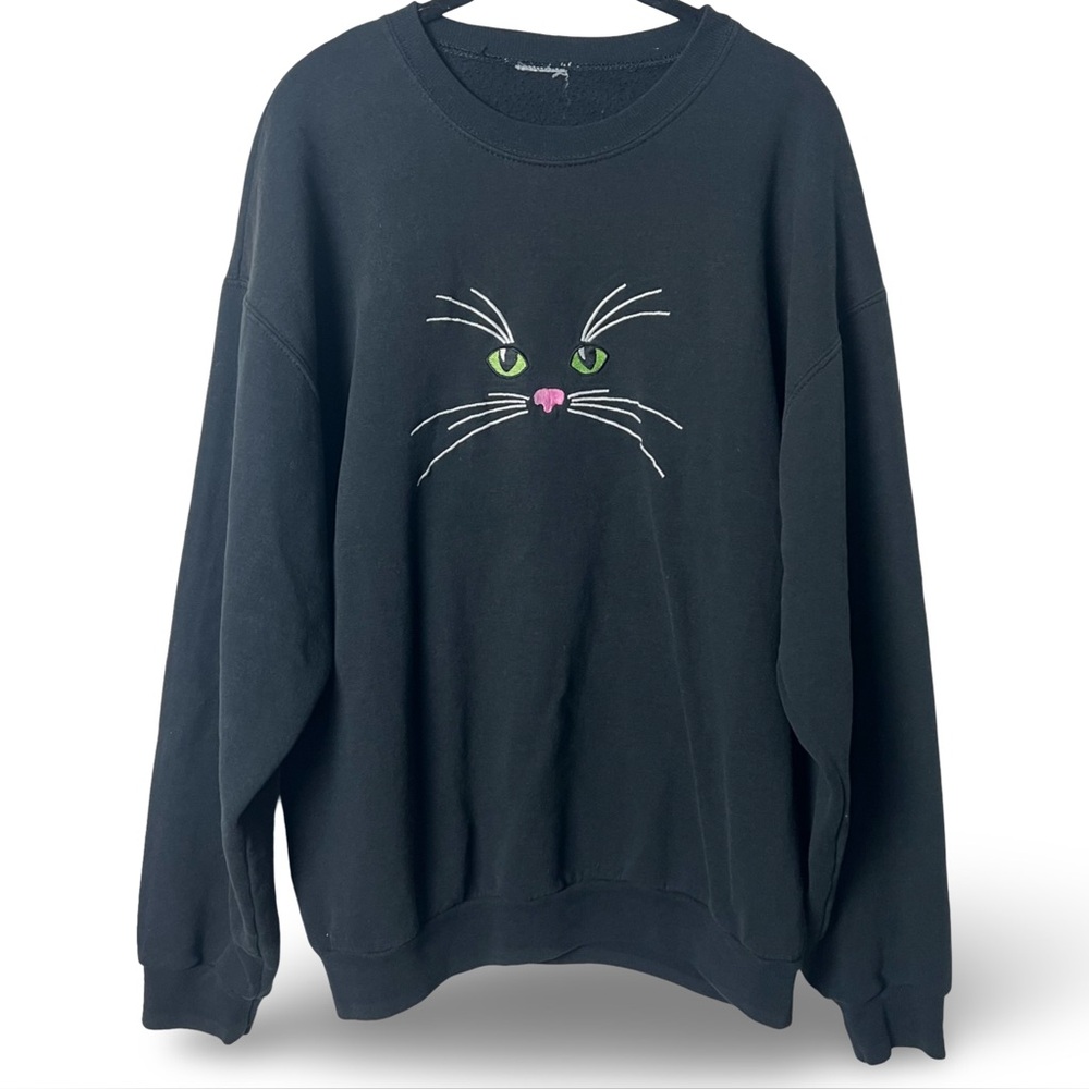 Vintage Black Cat Face Embroidered Sweatshirt Cozy Oversized Sz. Unisex L (Est.)